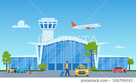 Airport terminal building, yellow taxi car, plane taking off in the background. Passenger with suitcase goes to the taxi. Travelling by plane concept. Vector illustration. Airport terminal building, yellow taxi car, plane taking off in the background. Passenger with suitcase goes to the taxi. Travelling by plane concept. Vector illustration. 108709381
