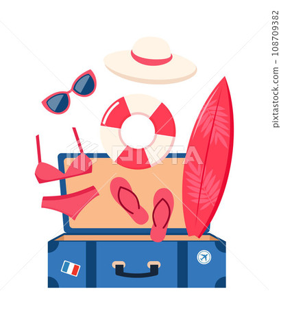 Open suitcase with summer beach elements. Summer colorful objects collection for outdoor trip vacation. Vector illustration. 108709382