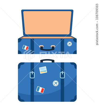 Retro leather suitcase with metal corners, belts and handle. Suitcase, open and closed. Vacation and travel concept. Vintage bag. Front view. Vector illustration. Retro leather suitcase with metal corners, belts and handle. Suitcase, open and closed. Vacation and travel concept. Vintage bag. Front view. Vector illustration. 108709383