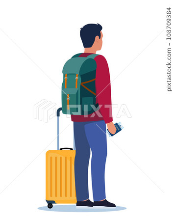 Man with wheeled suitcase and backpack stand with passport and ticket in his hand. Passenger in airport stands with back half turned. Travel concept. Vector illustration. Man with wheeled suitcase and backpack stand with passport and ticket in his hand. Passenger in airport stands with back half turned. Travel concept. Vector illustration. 108709384