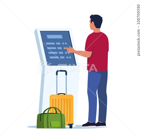 Man self check in at automatic machine in airport terminal. Buying ticket using interactive terminal. Vector illustration. 108709390