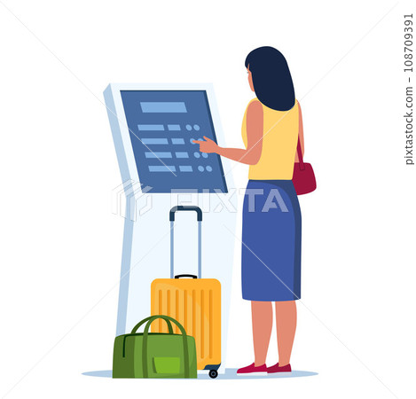 Woman self check in at automatic machine in airport terminal. Buying ticket using interactive terminal. Vector illustration. 108709391