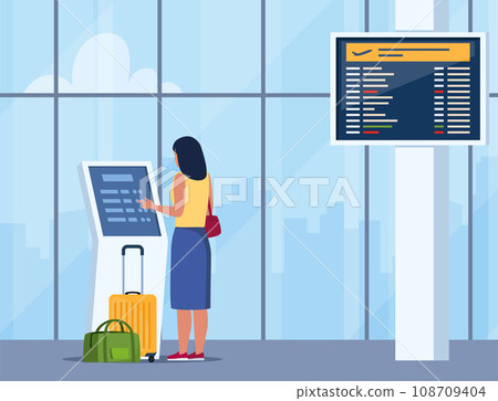 Woman self check in at automatic machine in airport terminal. Buying ticket using interactive terminal. Airport interior with panoramic windows, departure board, flight schedule. Vector illustration. 108709404