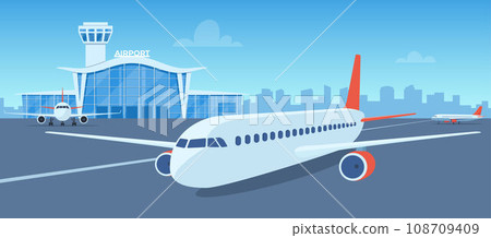 Airport terminal building, control tower and big aircraft on runway. City building silhouettes on background. Time to travel. Travel concept. Vector illustration. 108709409