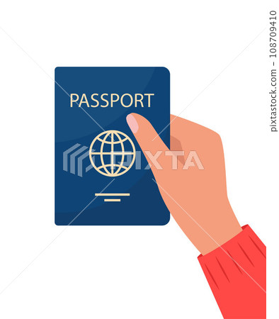 Passport in hand. Man holds personal identification document. Passport for travel and tourism. Travel, citizenship, migration concept. Vector illustration. 108709410