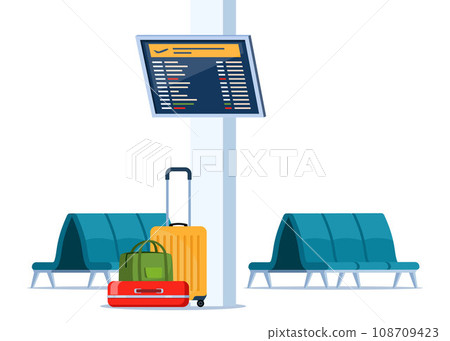 Empty rows of seats, element of airport lounge interior. Terminal waiting room. Departure lounge with chairs and information panels. Vector illustration. 108709423