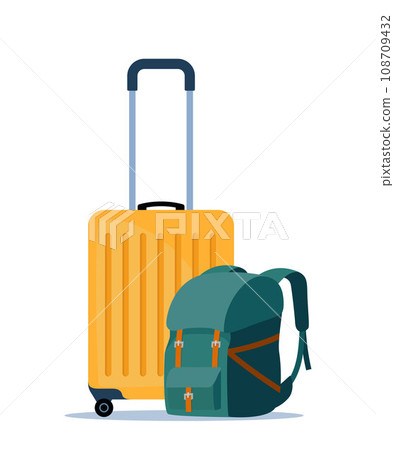 Travel bags composition. Suitcase and backpack. Tourist case, journey and adventure baggage. Travelers luggage. Vector illustration. Travel bags composition. Suitcase and backpack. Tourist case, journey and adventure baggage. Travelers luggage. Vector illustration. 108709432