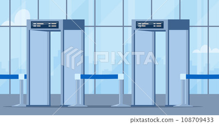 Airport security metal detectors in airport lounge. Full body scanners. Security check gates. Vector illustration. Airport security metal detectors in airport lounge. Full body scanners. Security check gates. Vector illustration. 108709433