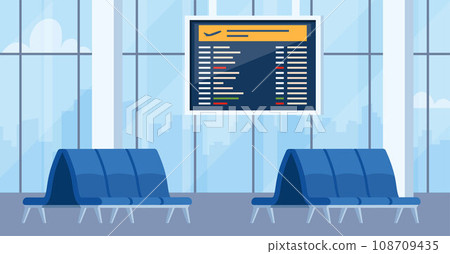 Empty airport arrival waiting room or departure lounge with chairs and information panels. Terminal hall with big airport window. Vector illustration. Empty airport arrival waiting room or departure lounge with chairs and information panels. Terminal hall with big airport window. Vector illustration. 108709435