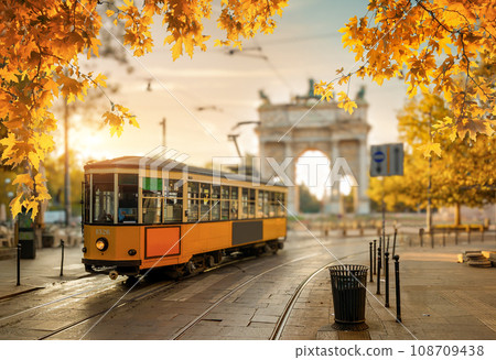 Arch and tram in autumn Arch and tram in autumn 108709438