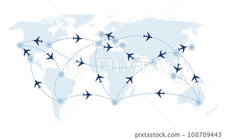 World travel map with airplanes, flight routes and pins marker. Vector illustration. World travel map with airplanes, flight routes and pins marker. Vector illustration. 108709443