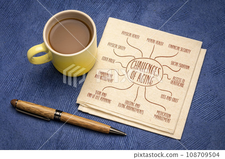 challenges of aging infographics or mind map sketch on a napkin with coffee, senior lifestyle concept challenges of aging infographics or mind map sketch on a napkin with coffee, senior lifestyle concept 108709504