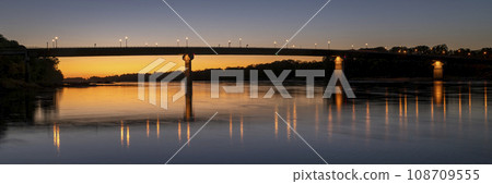 silhouette of the bridge over Missouri River at Hermann, MO, after sunset silhouette of the bridge over Missouri River at Hermann, MO, after sunset 108709555