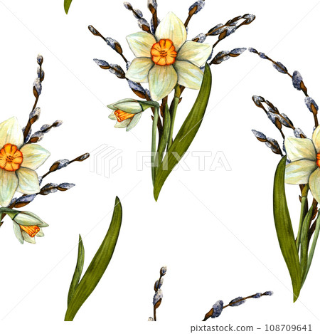 Seamless pattern. Spring watercolor daffodils. Flowers with stem and leaf. Spring botanical print 108709641