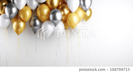 AI generation. White, gold and silver balloons on white background. Holiday and birthday concept. AI generation. White, gold and silver balloons on white background. Holiday and birthday concept. 108709715