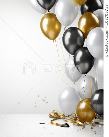 AI generation. White, black, gold and silver balloons and confetti on a white background. Holiday and birthday concept. 108709718