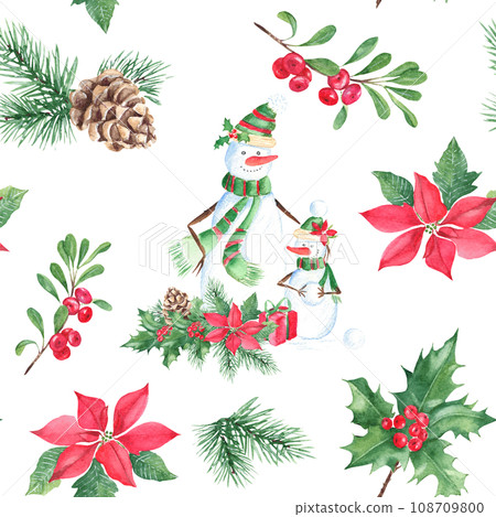 Christmas hand drawn seamless pattern with cute snowman family and winter plants. Forest pine branches with cone, holly with red berries, poinsettia and cowberry or lingonberry. For fabric or textile 108709800