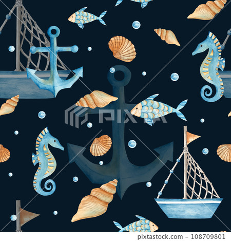 Watercolor sea seamless pattern with cute toy boat, ship, fishes, seahorse, nautical anchor, seashells and water bubbles on dark blue background. Hand drawn illustration. For fabric, textiles, baby 108709801