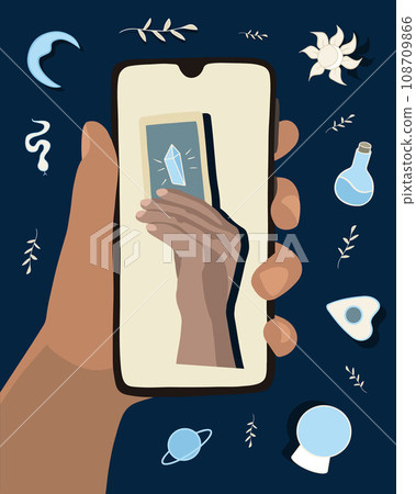 Vector isolated illustration of fortune telling on tarot cards online. Tarot card learning online. Vector isolated illustration of fortune telling on tarot cards online. Tarot card learning online. 108709866