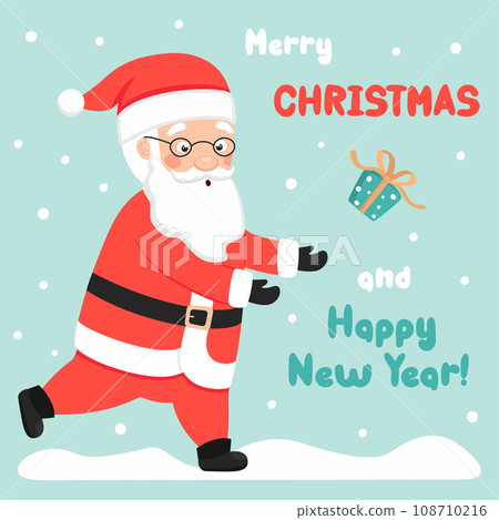 Merry Christmas and New Year greeting card. Cute Santa Claus is running for a gift box . Vector illustration in cartoon style. Merry Christmas and New Year greeting card. Cute Santa Claus is running for a gift box . Vector illustration in cartoon style. 108710216