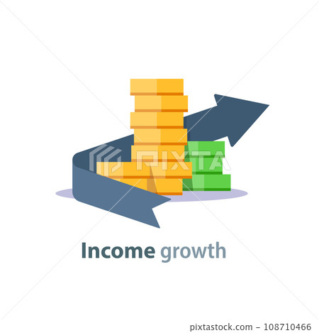 Income growth arrow,return on investment, budget planning, mutual fund, pension savings account,dividends concept Income growth arrow,return on investment, budget planning, mutual fund, pension savings account,dividends concept 108710466