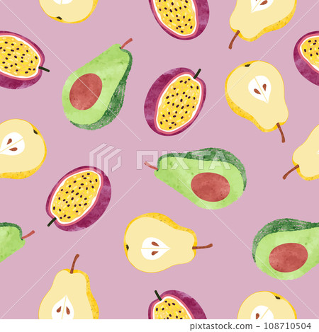 Watercolor fruit pattern with pear, avocado and passion fruit Watercolor fruit pattern with pear, avocado and passion fruit 108710504