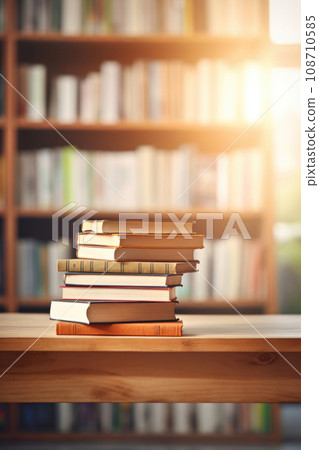 Stack of books against library background. Generative AI 108710585