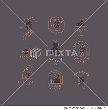 Bakery dessert labels art deco brown and chocolate 108710614