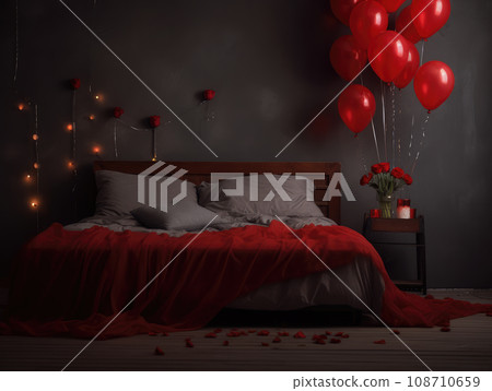 AI generation. Romantic Valentines Day background with bed with red linens, rose petals and candles. AI generation. Romantic Valentines Day background with bed with red linens, rose petals and candles. 108710659