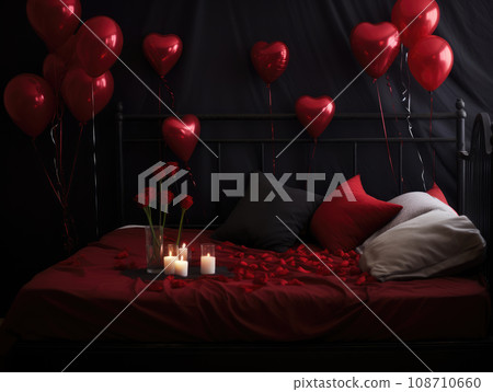 AI generation. Romantic Valentines Day background with bed with red linens, rose petals and candles. AI generation. Romantic Valentines Day background with bed with red linens, rose petals and candles. 108710660