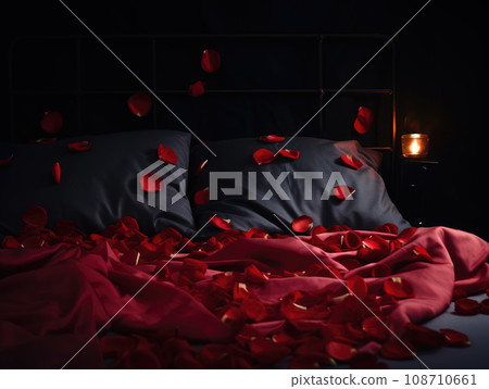 AI generation. Romantic Valentines Day background with bed with red linens, rose petals and candles. 108710661