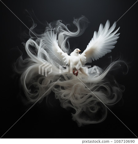 A white dove with long fluttering feathers opened its wings on a black background, a beautiful fairytale bird, unusual wallpaper A white dove with long fluttering feathers opened its wings on a black background, a beautiful fairytale bird, unusual wallpaper 108710690