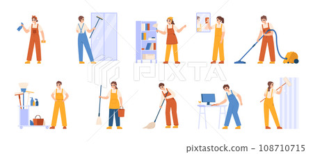 Cleaning service company workers. Men and women, staff clean house and office. People with bucket, fabric and vacuum cleaner. Snugly vector characters Cleaning service company workers. Men and women, staff clean house and office. People with bucket, fabric and vacuum cleaner. Snugly vector characters 108710715