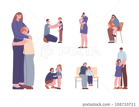 Parents support children, hugging and kissing. Crying kids, sad toddlers and teenagers and supporting adults. Healthy family relationships kicky vector set Parents support children, hugging and kissing. Crying kids, sad toddlers and teenagers and supporting adults. Healthy family relationships kicky vector set 108710721
