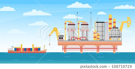 Sea gas industry concept. Oil extraction and drill technology. Tanker with storages in ocean approaches to drilling platform. Decent vector industrial scene 108710729