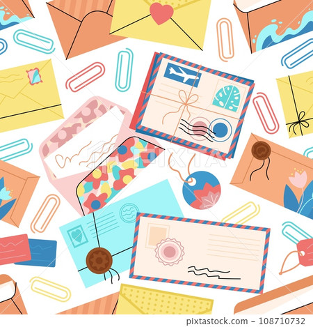 Envelopes seamless pattern. Opened and closed envelope with paper and letters. Post and postcrossing, mail decorative background. Retro decent vector template Envelopes seamless pattern. Opened and closed envelope with paper and letters. Post and postcrossing, mail decorative background. Retro decent vector template 108710732