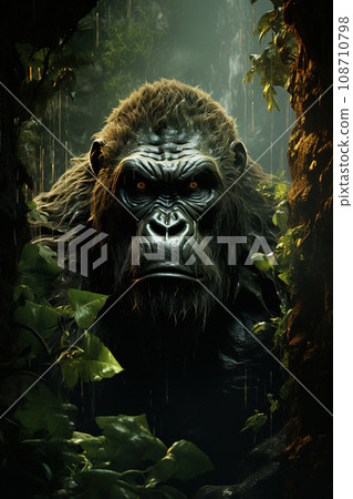 Enigmatic Gorilla in Rainy Forest. AI generation 108710798