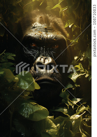 Solemn Gorilla Amidst Lush Foliage Basking in a Beam of Light. AI generation 108710833