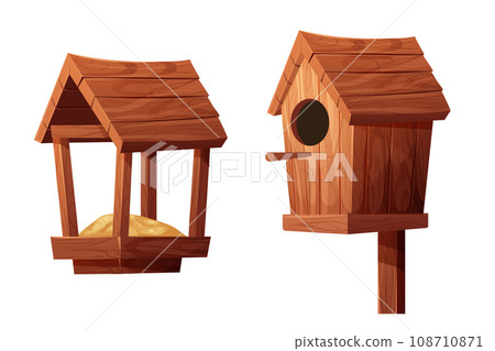 Set wooden bird feeder and bird house with roof, hole and seeds in cartoon style isolated on white background. Hanging construction, bird care. Set wooden bird feeder and bird house with roof, hole and seeds in cartoon style isolated on white background. Hanging construction, bird care. 108710871