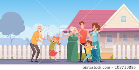 People meeting home. Cartoon happy characters come back home exact vector background People meeting home. Cartoon happy characters come back home exact vector background 108710886