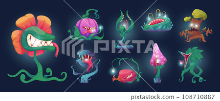 Scary plants. Fairytale scary plants cartoon mascot with teeth exact vector illustrations 108710887
