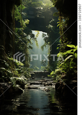 Hidden Sanctuary: Mystical Waterfall Steps Descending into a Jungle Oasis. AI generation 108710907