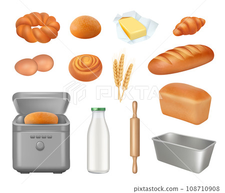 Baking bread. Kitchenware realistic tools for preparing pastry decent vector breadmaker items 108710908