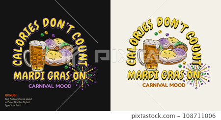 Carnival fun Mardi Gras label with full glass of beer, traditional king cake, text. For prints, clothing, t shirt, surface design. Vintage illustration with editable font style. Not AI Carnival fun Mardi Gras label with full glass of beer, traditional king cake, text. For prints, clothing, t shirt, surface design. Vintage illustration with editable font style. Not AI 108711006