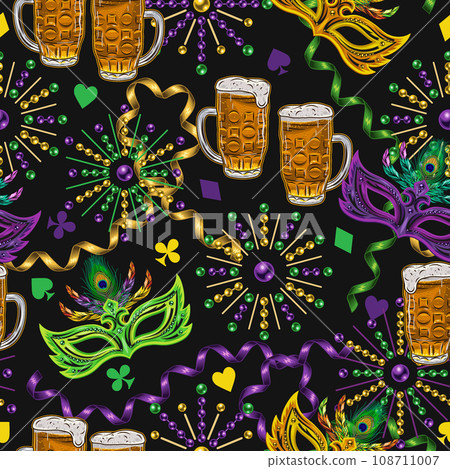 Seamless Mardi Gras pattern with full glass of beer, beads, masks, trinket, card suit signs. Festive holiday design. Vintage illustration for prints, clothing, surface design. Not AI 108711007