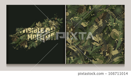 Khaki green camouflage label, pattern with lush foliage, paint splatter, smudge, brush strokes, halftone shapes, text. Dense chaotic composition Good for apparel, fabric, textile, sport goods Not AI 108711014