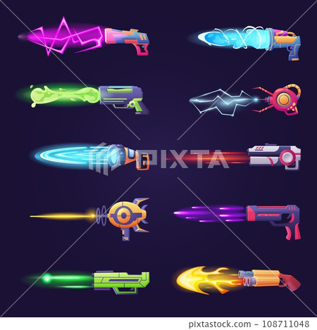 Futuristic cartoon gun. Space weapon shoot plasma, lightnings or laser rays. Blaster with flame stream, gaming handguns nowaday vector collection Futuristic cartoon gun. Space weapon shoot plasma, lightnings or laser rays. Blaster with flame stream, gaming handguns nowaday vector collection 108711048