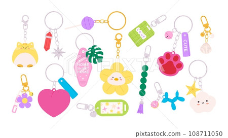 Keychains flat clipart. Isolated cartoon key holders with cute designs. Keys rings for children and adults. Decorative funny pendants racy vector set 108711050