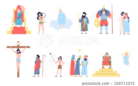 Bible characters. Holy historical and mythologies people, christian religion person and myphs. Isolated flat jesus christ, recent vector church symbols Bible characters. Holy historical and mythologies people, christian religion person and myphs. Isolated flat jesus christ, recent vector church symbols 108711072