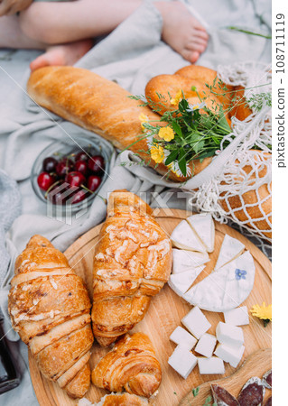Picnic in the field with berries, juice, cheese, sausage and sweet croissants 108711119